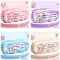 anime kız ve bear ayıcık kedili kuzu tavşan desenli kanvas geniş kapasiteli kalemlik cüzdan öğrenci