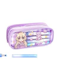 anime kız ve bear ayıcık kedili kuzu tavşan desenli kanvas geniş kapasiteli kalemlik cüzdan öğrenci