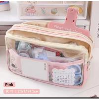 kawaii pembe şeffaf büyük boy geniş kapasiteli kanvas su geçirmez kalemlik cüzdan sevimli hediyelik